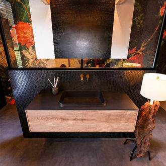 Mondiaz Badkamermeubelset Mondiaz Erin 120 cm met 1 Lade met RIDGE Wastafel Midden Urban Zonder Kraangaten Greeploos Mat Washed Oak Eiken