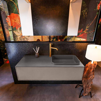 Mondiaz Badkamermeubelset Mondiaz Erin 120 cm met 1 Lade met RIDGE Wastafel Rechts Dark grey met 1 kraangat Greeploos Mat Smoke Grijs
