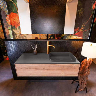 Mondiaz Badkamermeubelset Mondiaz Erin 120 cm met 1 Lade met RIDGE Wastafel Rechts Dark grey met 1 kraangat Greeploos Mat Washed Oak Eiken