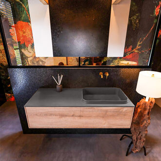 Mondiaz Badkamermeubelset Mondiaz Erin 120 cm met 1 Lade met RIDGE Wastafel Rechts Dark grey Zonder Kraangaten Greeploos Mat Washed Oak Eiken