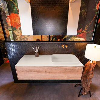 Mondiaz Badkamermeubelset Mondiaz Erin 120 cm met 1 Lade met RIDGE Wastafel Rechts Linen Zonder Kraangaten Greeploos Mat Washed Oak Eiken