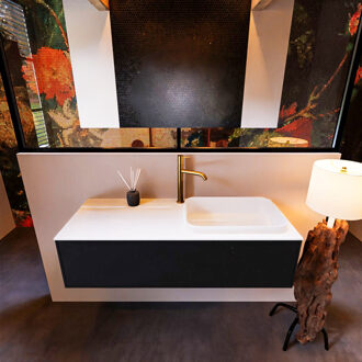 Mondiaz Badkamermeubelset Mondiaz Erin 120 cm met 1 Lade met RIDGE Wastafel Rechts Talc met 1 kraangat Greeploos Mat Urban Zwart