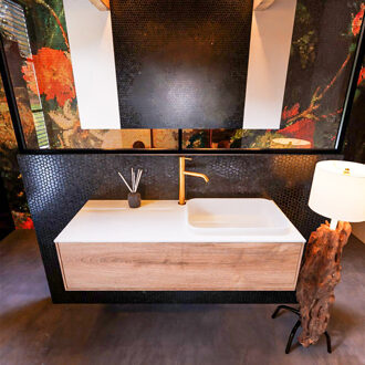 Mondiaz Badkamermeubelset Mondiaz Erin 120 cm met 1 Lade met RIDGE Wastafel Rechts Talc met 1 kraangat Greeploos Mat Washed Oak Eiken