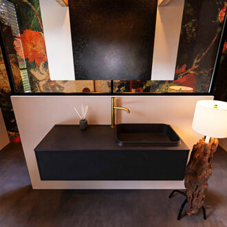 Mondiaz Badkamermeubelset Mondiaz Erin 120 cm met 1 Lade met RIDGE Wastafel Rechts Urban met 1 kraangat Greeploos Mat Urban Zwart