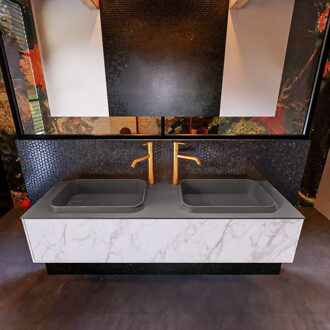 Mondiaz Badkamermeubelset Mondiaz Erin 150 cm met 1 Lade met RIDGE Wastafel Dubbel Dark grey met 2 kraangaten Greeploos Mat Carrara Wit