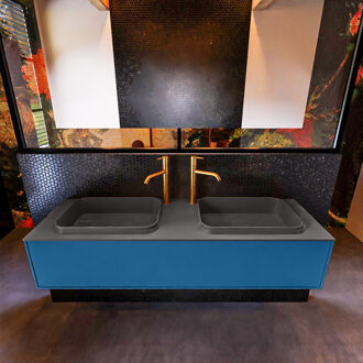 Mondiaz Badkamermeubelset Mondiaz Erin 150 cm met 1 Lade met RIDGE Wastafel Dubbel Dark grey met 2 kraangaten Greeploos Mat Jeans Blauw