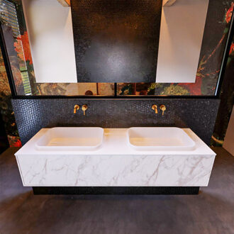 Mondiaz Badkamermeubelset Mondiaz Erin 150 cm met 1 Lade met RIDGE Wastafel Dubbel Talc Zonder Kraangaten Greeploos Mat Carrara Wit