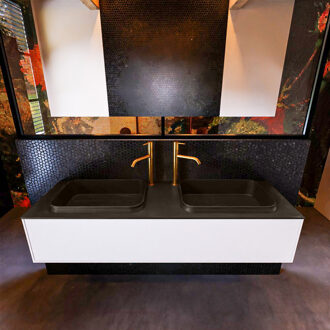 Mondiaz Badkamermeubelset Mondiaz Erin 150 cm met 1 Lade met RIDGE Wastafel Dubbel Urban met 2 kraangaten Greeploos Mat Talc Wit