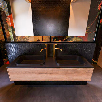 Mondiaz Badkamermeubelset Mondiaz Erin 150 cm met 1 Lade met RIDGE Wastafel Dubbel Urban met 2 kraangaten Greeploos Mat Washed Oak Eiken