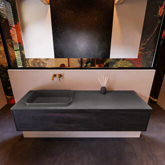 Mondiaz Badkamermeubelset Mondiaz Erin 150 cm met 1 Lade met RIDGE Wastafel Links Dark grey Zonder Kraangaten Greeploos Mat Dark Brown Bruin