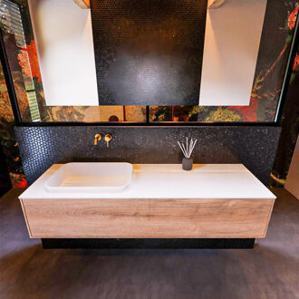 Mondiaz Badkamermeubelset Mondiaz Erin 150 cm met 1 Lade met RIDGE Wastafel Links Talc Zonder Kraangaten Greeploos Mat Washed Oak Eiken