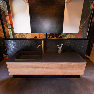 Mondiaz Badkamermeubelset Mondiaz Erin 150 cm met 1 Lade met RIDGE Wastafel Links Urban met 1 kraangat Greeploos Mat Washed Oak Eiken