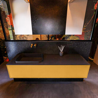 Mondiaz Badkamermeubelset Mondiaz Erin 150 cm met 1 Lade met RIDGE Wastafel Links Urban Zonder Kraangaten Greeploos Mat Ocher Geel