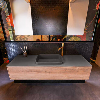 Mondiaz Badkamermeubelset Mondiaz Erin 150 cm met 1 Lade met RIDGE Wastafel Midden Dark grey met 1 kraangat Greeploos Mat Washed Oak Eiken