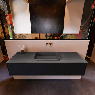 Mondiaz Badkamermeubelset Mondiaz Erin 150 cm met 1 Lade met RIDGE Wastafel Midden Dark grey Zonder Kraangaten Greeploos Mat Urban Zwart