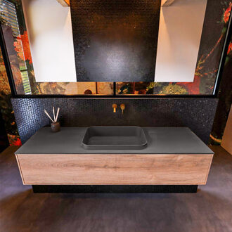 Mondiaz Badkamermeubelset Mondiaz Erin 150 cm met 1 Lade met RIDGE Wastafel Midden Dark grey Zonder Kraangaten Greeploos Mat Washed Oak Eiken