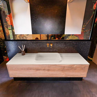 Mondiaz Badkamermeubelset Mondiaz Erin 150 cm met 1 Lade met RIDGE Wastafel Midden Linen Zonder Kraangaten Greeploos Mat Washed Oak Eiken