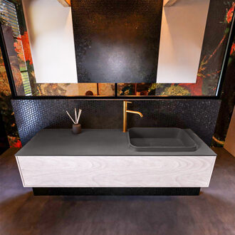 Mondiaz Badkamermeubelset Mondiaz Erin 150 cm met 1 Lade met RIDGE Wastafel Rechts Dark grey met 1 kraangat Greeploos Mat Underlayment Eiken