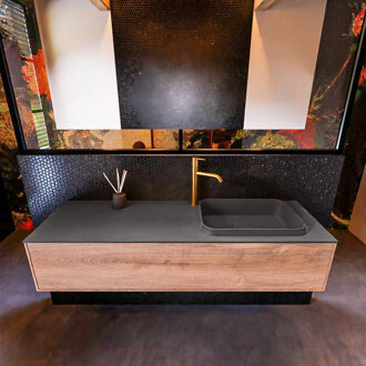 Mondiaz Badkamermeubelset Mondiaz Erin 150 cm met 1 Lade met RIDGE Wastafel Rechts Dark grey met 1 kraangat Greeploos Mat Washed Oak Eiken