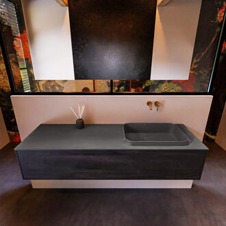 Mondiaz Badkamermeubelset Mondiaz Erin 150 cm met 1 Lade met RIDGE Wastafel Rechts Dark grey Zonder Kraangaten Greeploos Mat Dark Brown Bruin