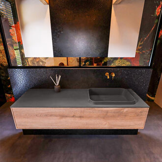 Mondiaz Badkamermeubelset Mondiaz Erin 150 cm met 1 Lade met RIDGE Wastafel Rechts Dark grey Zonder Kraangaten Greeploos Mat Washed Oak Eiken