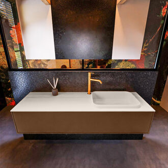 Mondiaz Badkamermeubelset Mondiaz Erin 150 cm met 1 Lade met RIDGE Wastafel Rechts Linen met 1 kraangat Greeploos Mat Rust Bruin