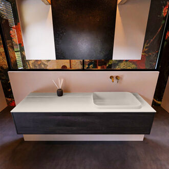 Mondiaz Badkamermeubelset Mondiaz Erin 150 cm met 1 Lade met RIDGE Wastafel Rechts Linen Zonder Kraangaten Greeploos Mat Dark Brown Bruin