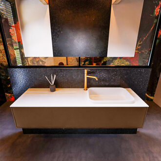 Mondiaz Badkamermeubelset Mondiaz Erin 150 cm met 1 Lade met RIDGE Wastafel Rechts Talc met 1 kraangat Greeploos Mat Rust Bruin