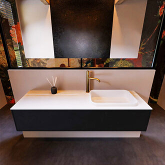 Mondiaz Badkamermeubelset Mondiaz Erin 150 cm met 1 Lade met RIDGE Wastafel Rechts Talc met 1 kraangat Greeploos Mat Urban Zwart