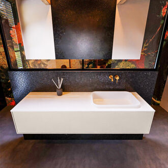 Mondiaz Badkamermeubelset Mondiaz Erin 150 cm met 1 Lade met RIDGE Wastafel Rechts Talc Zonder Kraangaten Greeploos Mat Linen Beige