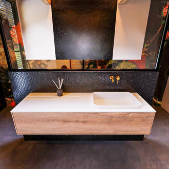 Mondiaz Badkamermeubelset Mondiaz Erin 150 cm met 1 Lade met RIDGE Wastafel Rechts Talc Zonder Kraangaten Greeploos Mat Washed Oak Eiken