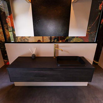 Mondiaz Badkamermeubelset Mondiaz Erin 150 cm met 1 Lade met RIDGE Wastafel Rechts Urban met 1 kraangat Greeploos Mat Dark Brown Bruin