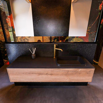 Mondiaz Badkamermeubelset Mondiaz Erin 150 cm met 1 Lade met RIDGE Wastafel Rechts Urban met 1 kraangat Greeploos Mat Washed Oak Eiken