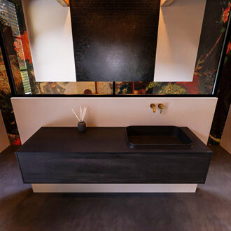 Mondiaz Badkamermeubelset Mondiaz Erin 150 cm met 1 Lade met RIDGE Wastafel Rechts Urban Zonder Kraangaten Greeploos Mat Dark Brown Bruin