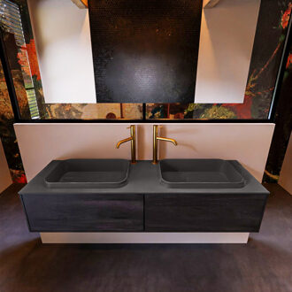 Mondiaz Badkamermeubelset Mondiaz Erin 150 cm met 2 Lades met RIDGE Wastafel Dubbel Dark grey met 2 kraangaten Greeploos Mat Antracite Antraciet