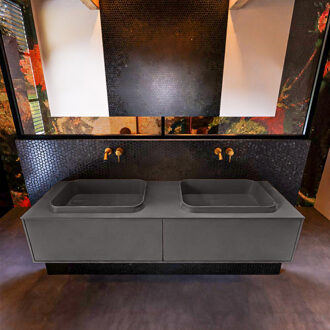 Mondiaz Badkamermeubelset Mondiaz Erin 150 cm met 2 Lades met RIDGE Wastafel Dubbel Dark grey Zonder Kraangaten Greeploos Mat Dark Grey Grijs