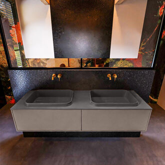 Mondiaz Badkamermeubelset Mondiaz Erin 150 cm met 2 Lades met RIDGE Wastafel Dubbel Dark grey Zonder Kraangaten Greeploos Mat Smoke Grijs