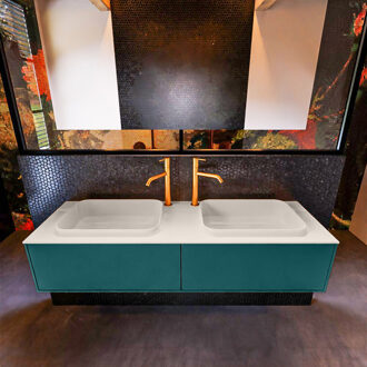 Mondiaz Badkamermeubelset Mondiaz Erin 150 cm met 2 Lades met RIDGE Wastafel Dubbel Linen met 2 kraangaten Greeploos Mat Smag Blauw