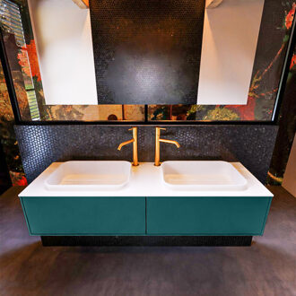 Mondiaz Badkamermeubelset Mondiaz Erin 150 cm met 2 Lades met RIDGE Wastafel Dubbel Talc met 2 kraangaten Greeploos Mat Smag Blauw