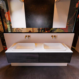 Mondiaz Badkamermeubelset Mondiaz Erin 150 cm met 2 Lades met RIDGE Wastafel Dubbel Talc Zonder Kraangaten Greeploos Mat Antracite Antraciet