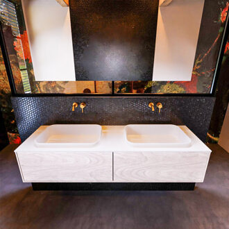 Mondiaz Badkamermeubelset Mondiaz Erin 150 cm met 2 Lades met RIDGE Wastafel Dubbel Talc Zonder Kraangaten Greeploos Mat Underlayment Eiken