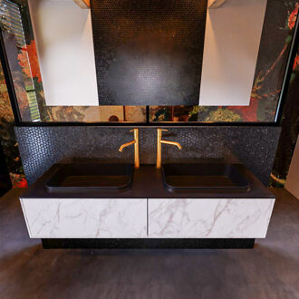 Mondiaz Badkamermeubelset Mondiaz Erin 150 cm met 2 Lades met RIDGE Wastafel Dubbel Urban met 2 kraangaten Greeploos Mat Carrara Wit