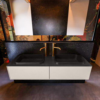 Mondiaz Badkamermeubelset Mondiaz Erin 150 cm met 2 Lades met RIDGE Wastafel Dubbel Urban met 2 kraangaten Greeploos Mat Linen Beige