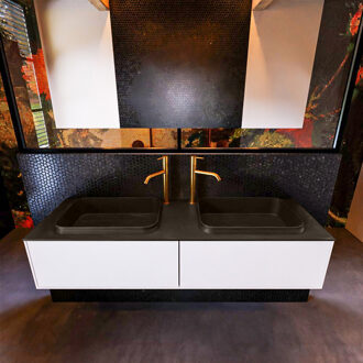 Mondiaz Badkamermeubelset Mondiaz Erin 150 cm met 2 Lades met RIDGE Wastafel Dubbel Urban met 2 kraangaten Greeploos Mat Talc Wit