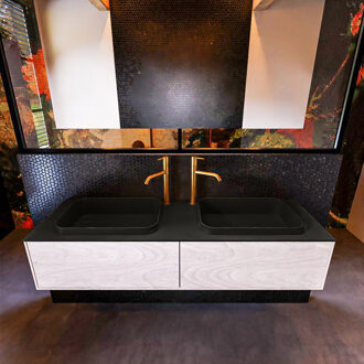 Mondiaz Badkamermeubelset Mondiaz Erin 150 cm met 2 Lades met RIDGE Wastafel Dubbel Urban met 2 kraangaten Greeploos Mat Underlayment Eiken