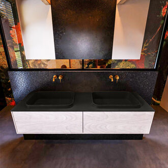 Mondiaz Badkamermeubelset Mondiaz Erin 150 cm met 2 Lades met RIDGE Wastafel Dubbel Urban Zonder Kraangaten Greeploos Mat Underlayment Eiken