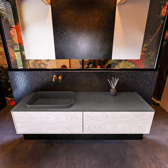 Mondiaz Badkamermeubelset Mondiaz Erin 150 cm met 2 Lades met RIDGE Wastafel Links Dark grey Zonder Kraangaten Greeploos Mat Underlayment Eiken