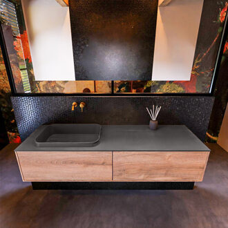 Mondiaz Badkamermeubelset Mondiaz Erin 150 cm met 2 Lades met RIDGE Wastafel Links Dark grey Zonder Kraangaten Greeploos Mat Washed Oak Eiken