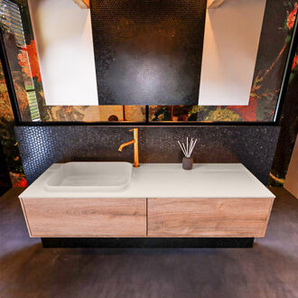 Mondiaz Badkamermeubelset Mondiaz Erin 150 cm met 2 Lades met RIDGE Wastafel Links Linen met 1 kraangat Greeploos Mat Washed Oak Eiken