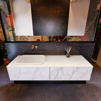 Mondiaz Badkamermeubelset Mondiaz Erin 150 cm met 2 Lades met RIDGE Wastafel Links Linen Zonder Kraangaten Greeploos Mat Carrara Wit